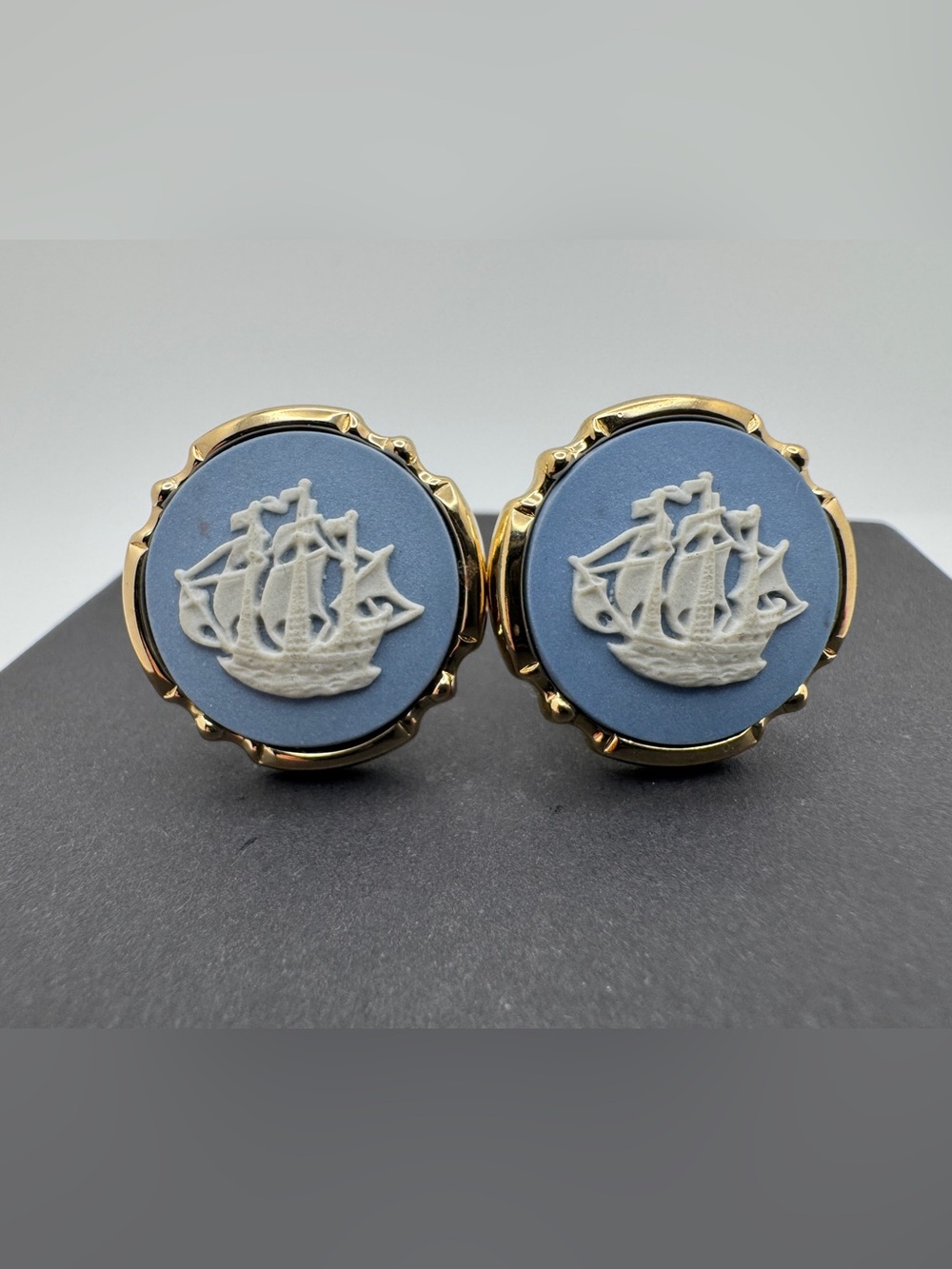 Wedgewood by Stratton Blue Jasperware Ship Cufflinks